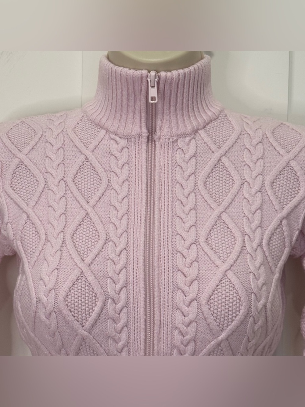 Skims Snow Bunny Cable Knit Zip Up Sweater Small Baby Pink Coquette Cozy Chic - Picture 8 of 11
